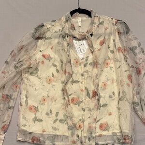 Floral Sheer Blouse with Tie Neck